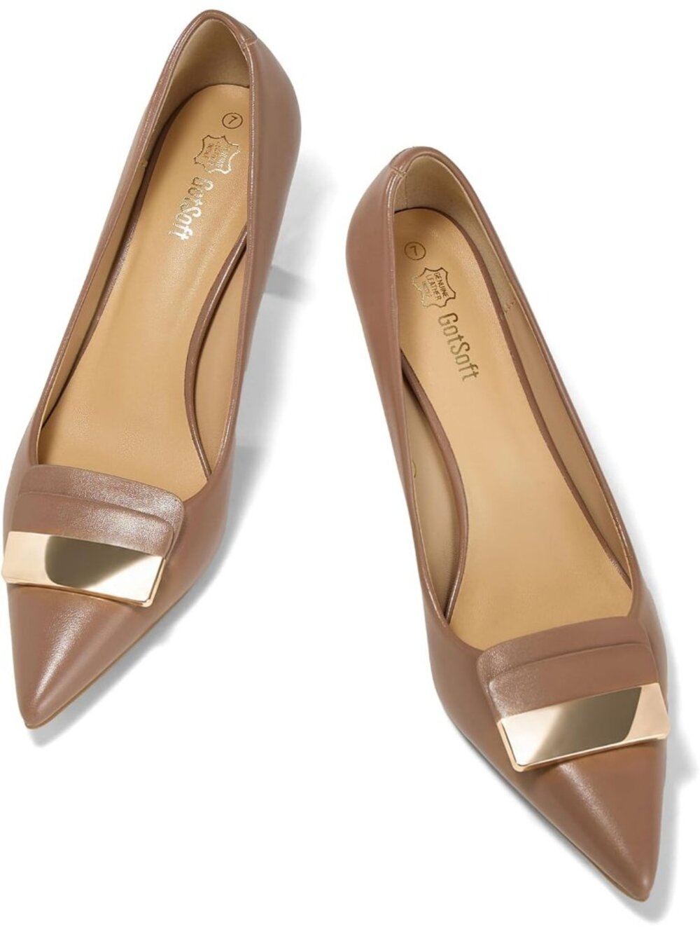 Women's Dark Nude Kitten Heel Lambskin Insole Pointed Toe Metal Deco Dress Shoes - Picture 6 of 6